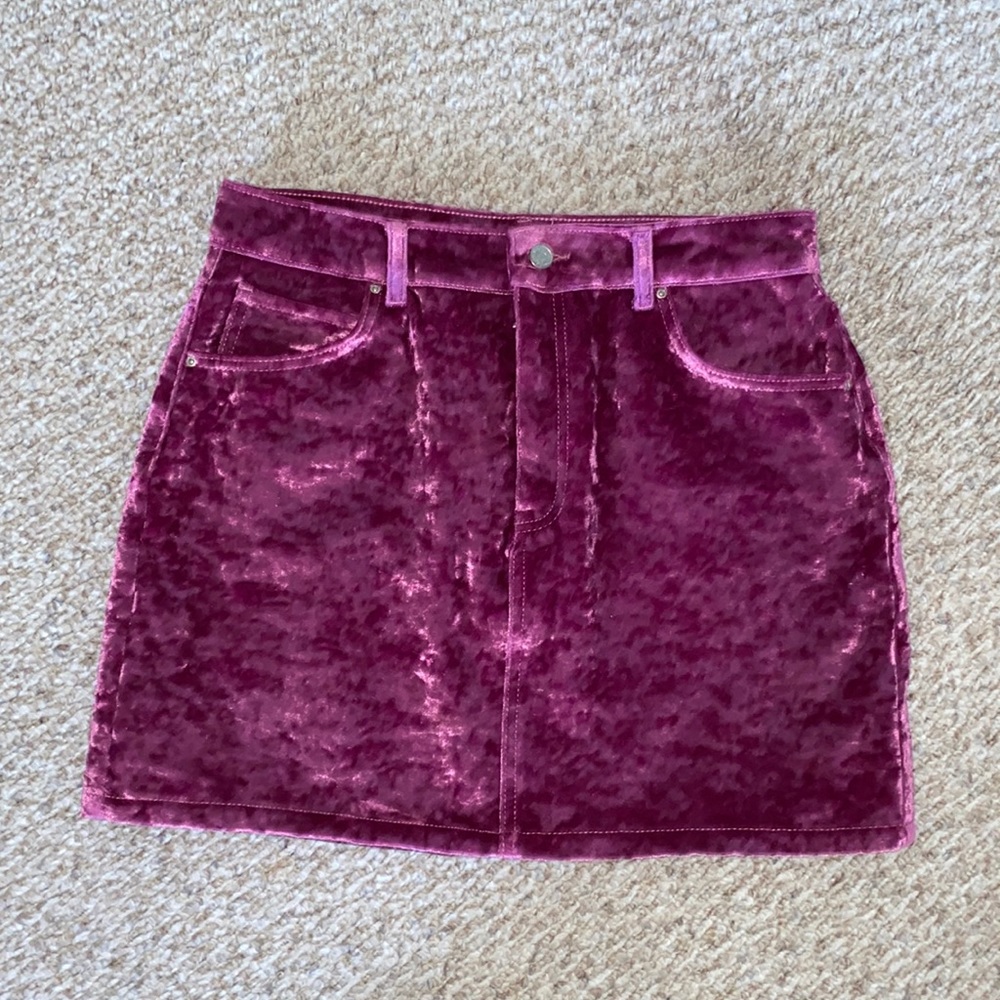 Top Shop Moto pink crushed velvet skirt.